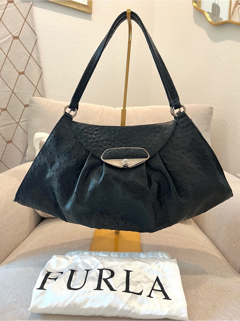 Vintage Furla Ostrich Embossed Leather Shoulder Bag